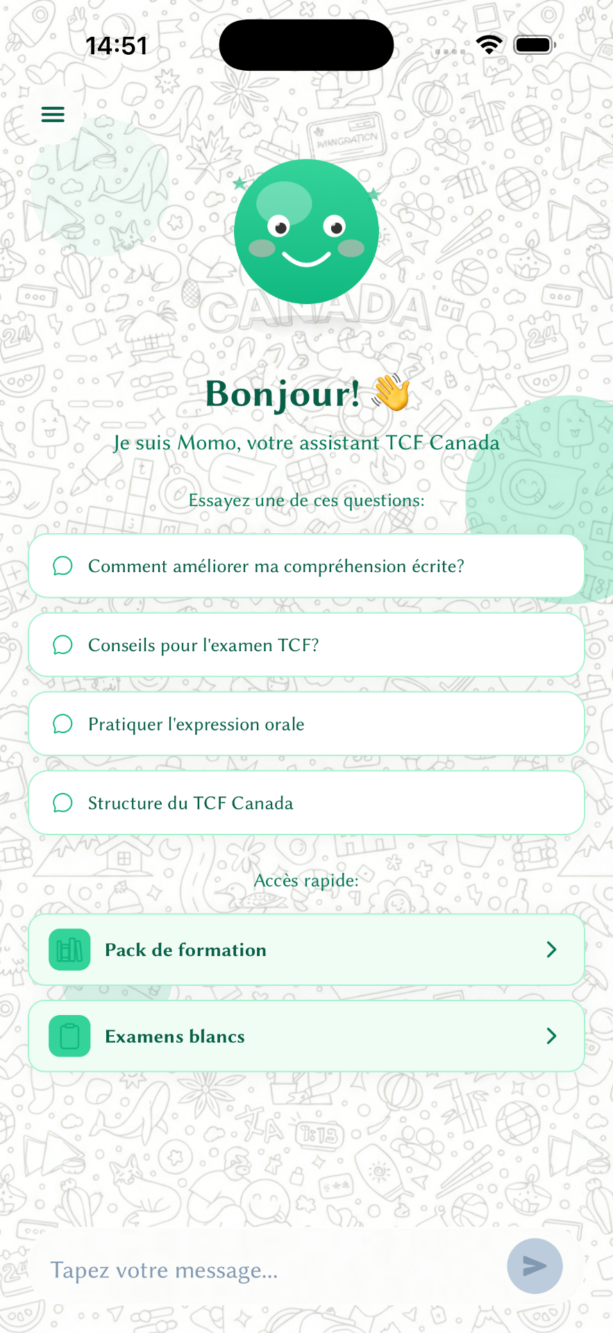 Écran d'accueil de l'application : Momo propose des questions et l'accès aux examens blancs